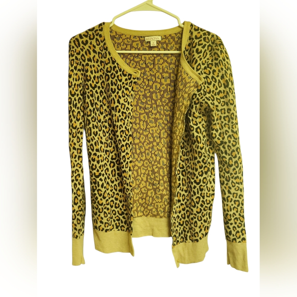 Merona Women's Leopard Print Button Down Ribbed Long Sleeve Cardigan, Sz M